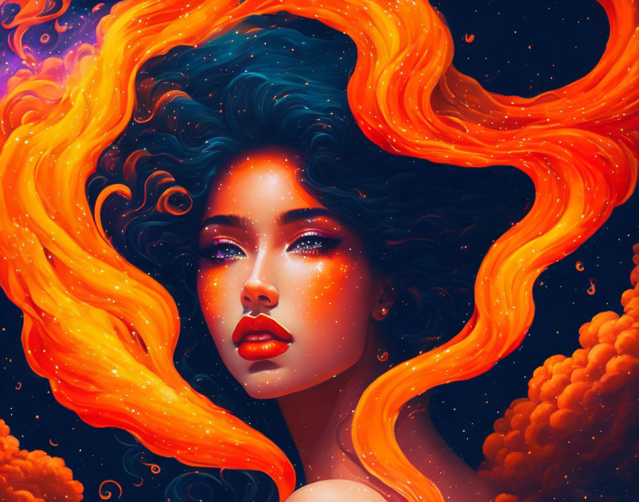 Illustration: Woman with Orange Hair in Cosmic Nebulae