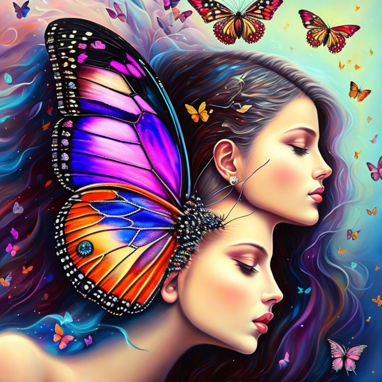 Colorful woman with butterfly wing ear surrounded by smaller butterflies in swirling hues