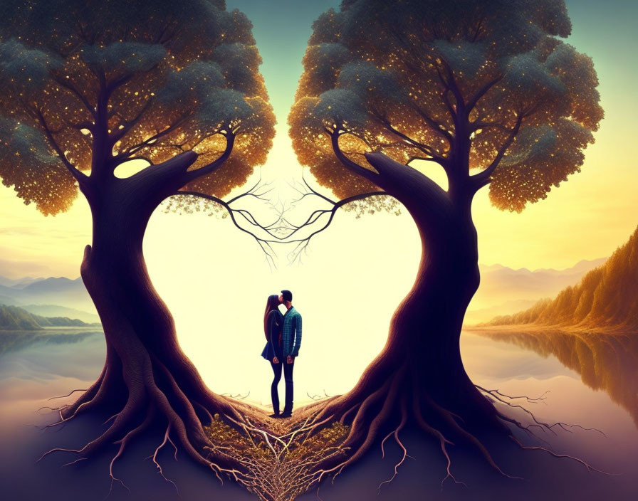 Couple between heart-shaped trees at sunrise landscape