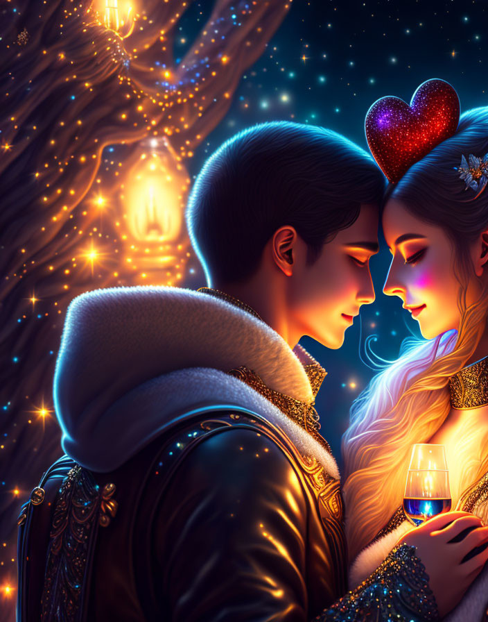 Romantic couple embracing under starry sky with glowing heart and lantern light