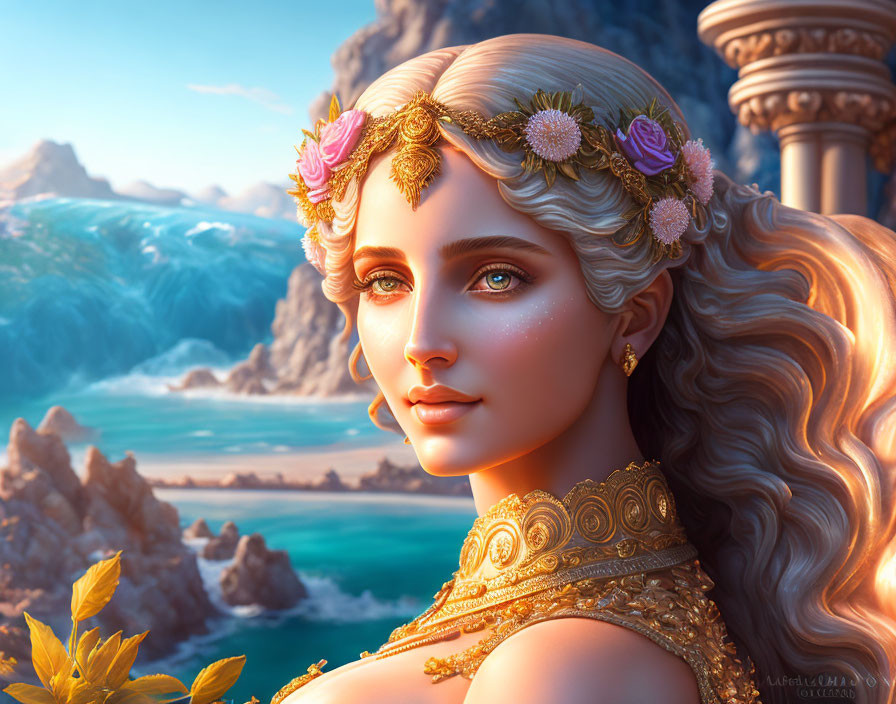 Blonde Woman with Floral Crown by Sea Cliffs