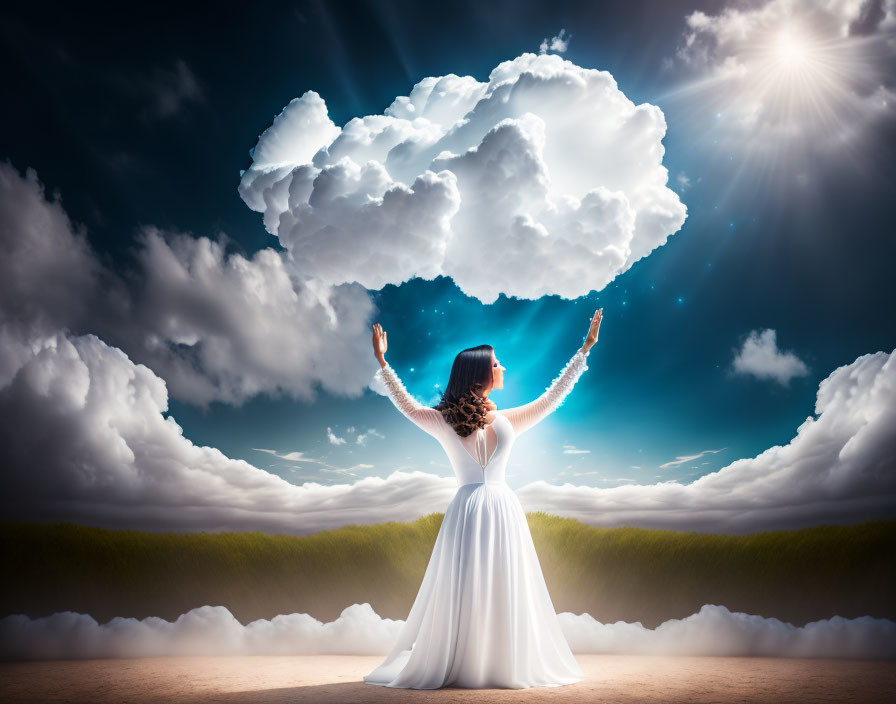 Woman in white dress under heart-shaped cloud with sun rays in blue sky