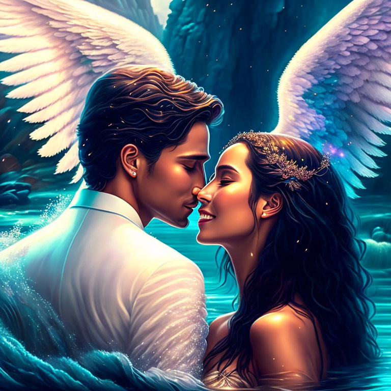 Romantic couple with angelic wings embracing in luminous forest