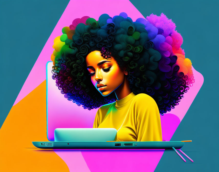 Colorful illustration: Woman with curly hair on laptop, geometric teal and orange backdrop.