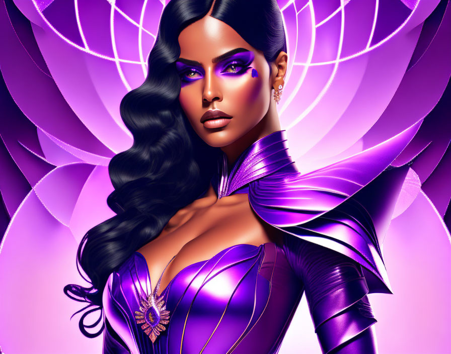 Digital illustration: Woman with striking makeup and metallic purple outfit in mystical setting