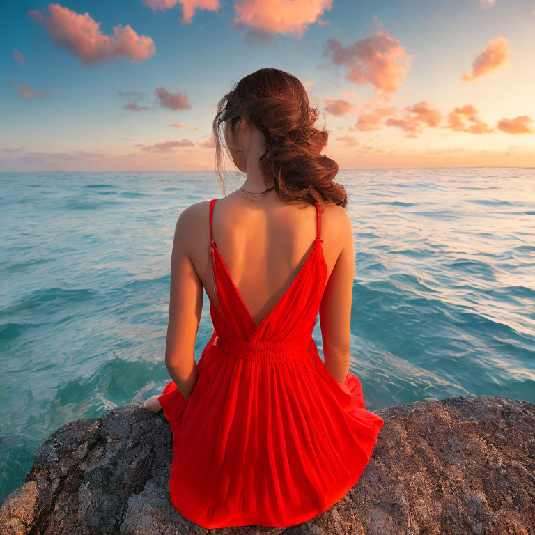 Woman in Red Dress Sitting on Rock by Ocean at Sunset