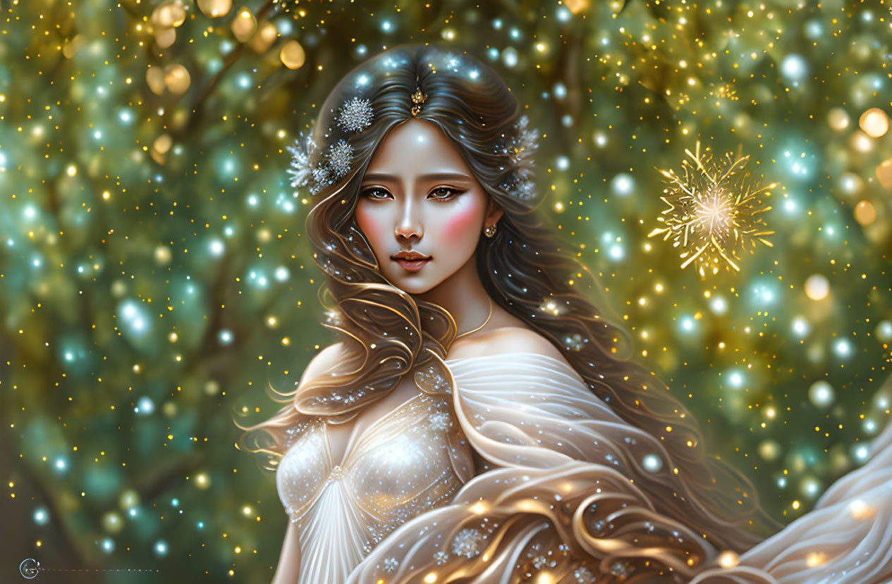 Fantastical portrait of woman with snowflake-adorned hair and ethereal gown.