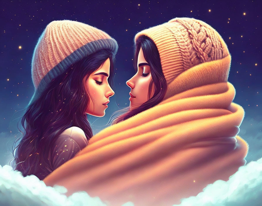 Illustrated characters with wavy hair in beanies and scarves under starry night sky