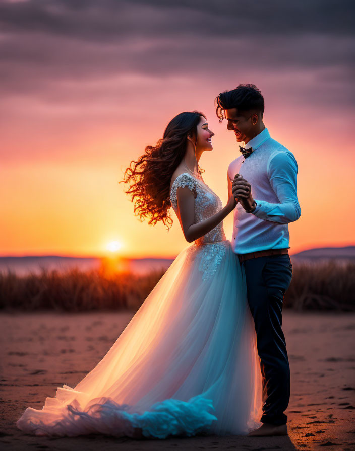 Formal attired couple shares intimate moment on beach at sunset