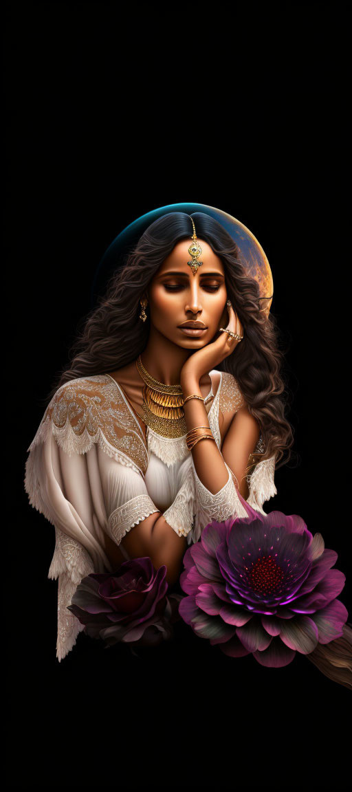 Woman in Ethnic Jewelry with Purple Flower on Black Background