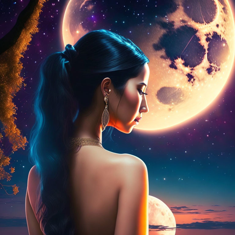 Woman gazing at detailed moon in starry night sky