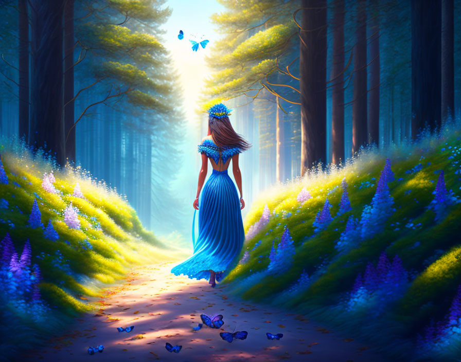 Woman in Blue Dress Walking Through Forest Path with Butterflies and Purple Flowers