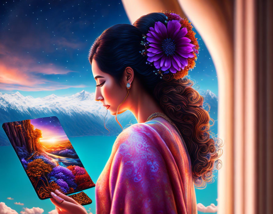 Woman with purple flower gazes at vibrant landscape on tablet near mountainous sunset