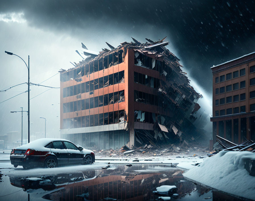 Dilapidated building on snowy urban landscape with car and debris