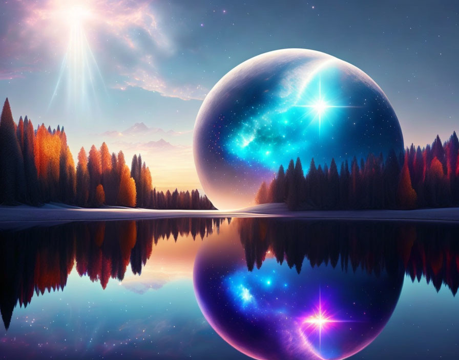 Surreal landscape with large planet, glowing celestial body, calm lake, autumnal trees, twilight