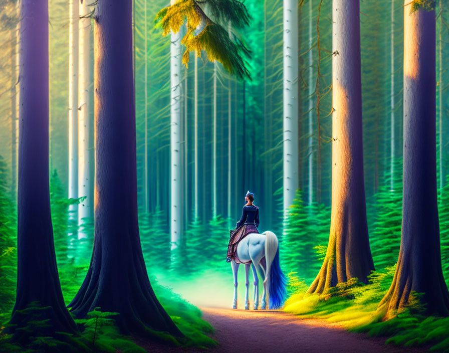 White horse rider in vibrant forest with tall trees and ethereal light