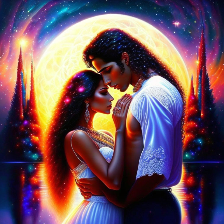 Cosmic art: Couple embracing in vibrant, starlit scene