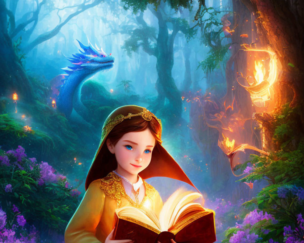 Young girl in red cloak reading glowing book in enchanted forest with blue dragon and magical lights