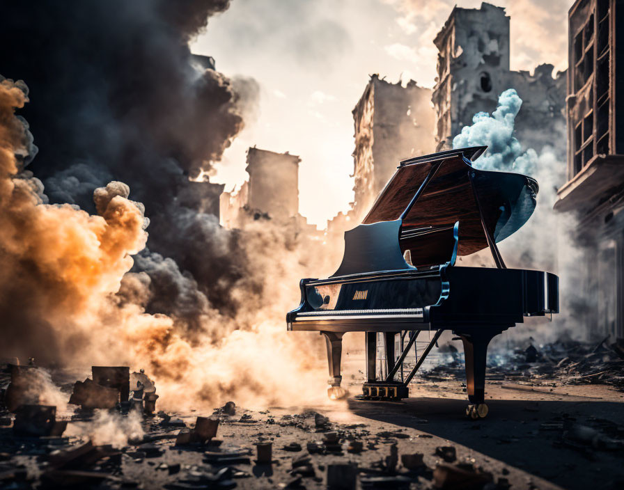 Grand piano in rubble of destroyed buildings with billowing smoke