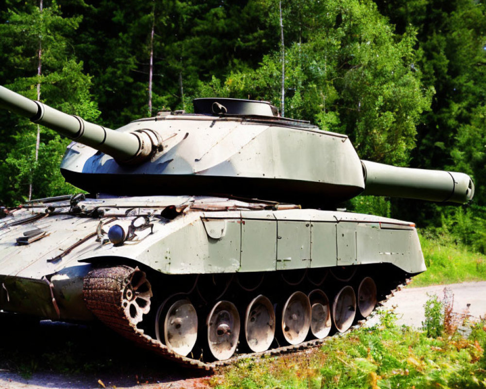 Green Camouflage Military Tank Parked in Forest Clearing