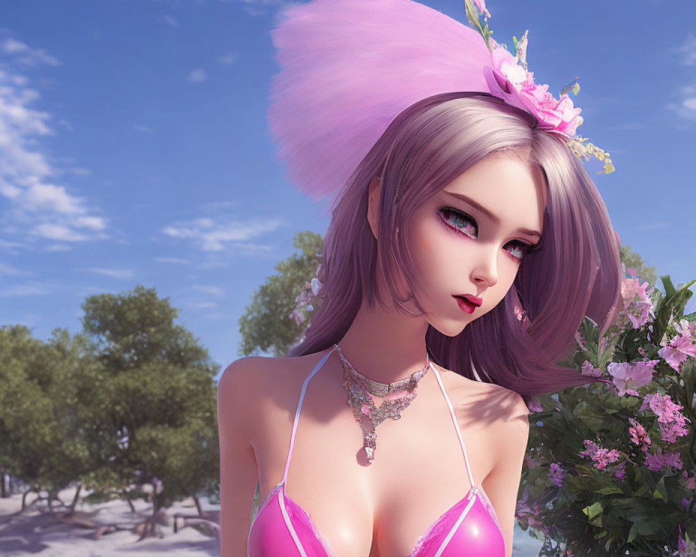 3D rendering of female character with grey hair and pink accessory on sunny beach