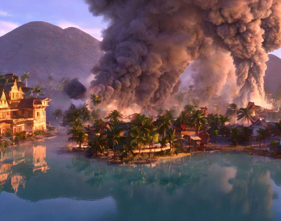 Tropical village by blue lake with erupting volcano