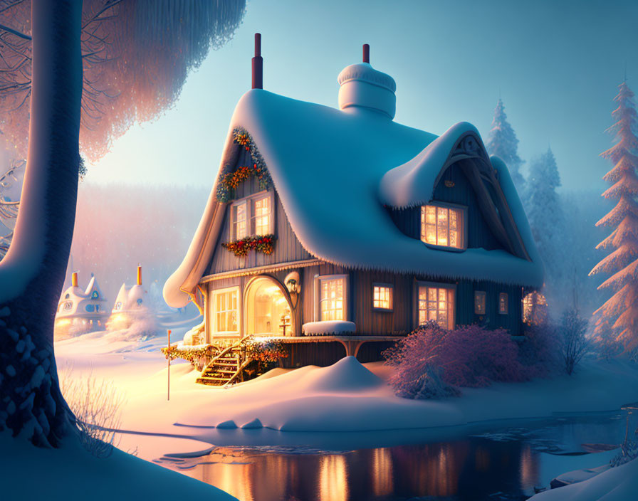 Snow-covered cottage by frozen river in twilight winter scene