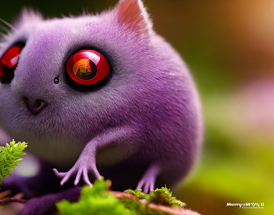 Fluffy Purple Creature with Red Eyes on Green Vegetation