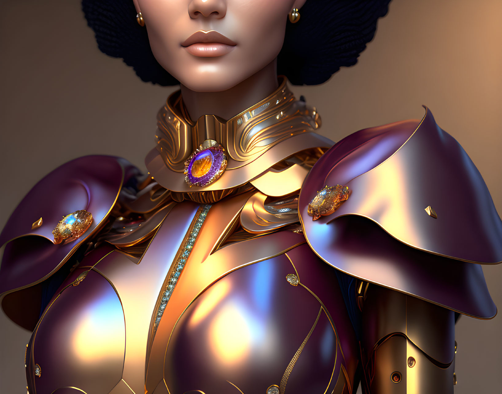 3D-rendered character in ornate golden armor with purple accents and jewels, wearing a black textured