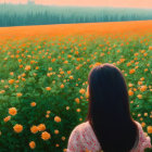 Braided Woman Watching Sunset over Orange Flower Field