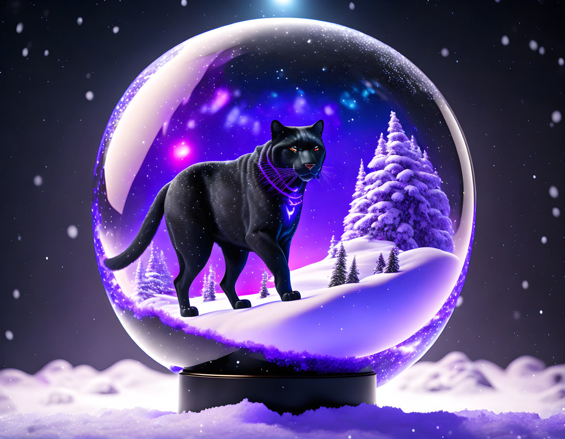 Black Panther in Snow Globe with Snow-Covered Tree under Starlit Sky