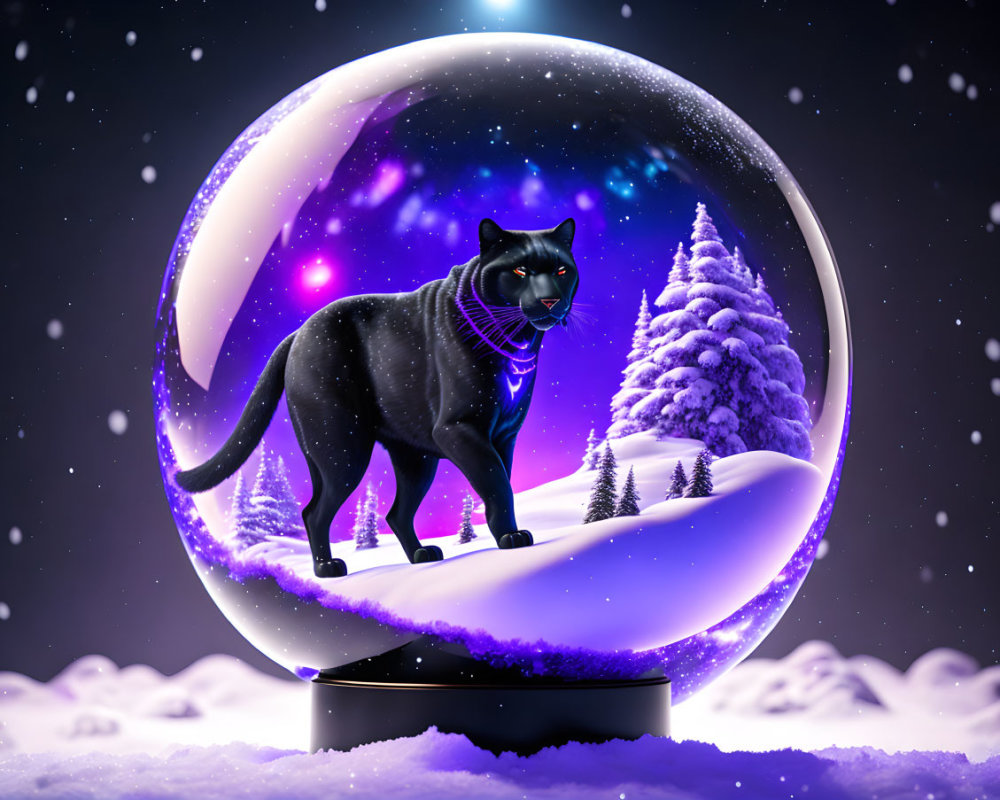 Black Panther in Snow Globe with Snow-Covered Tree under Starlit Sky