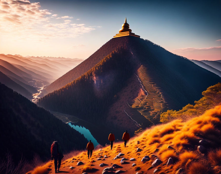 Hikers near golden pagoda on majestic mountain landscape