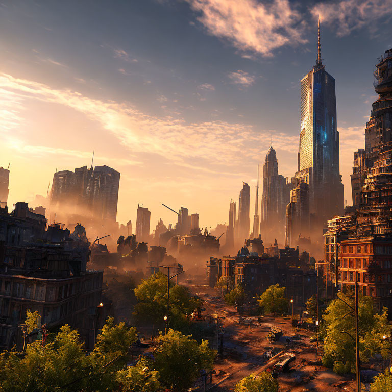 Abandoned post-apocalyptic cityscape at sunrise.