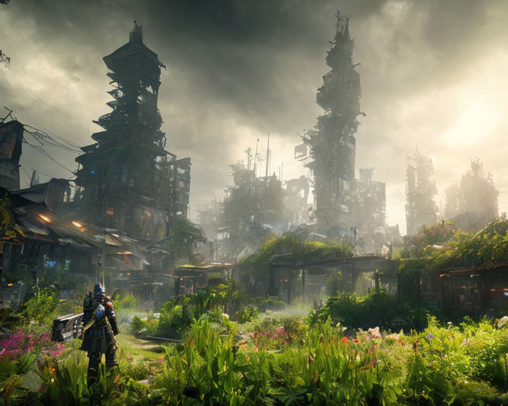 Post-Apocalyptic Scene: Overgrown Flora, Dilapidated Buildings, Lone Figure in Armor