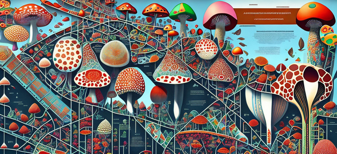 Vibrant Mushroom Illustration on Abstract Geometric Background