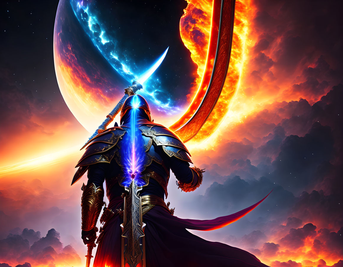 Warrior in ornate armor gazes at cosmic crescent moon and fiery planet.