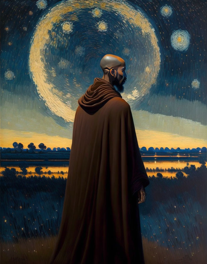 Bearded figure in cloak under swirling starry night sky