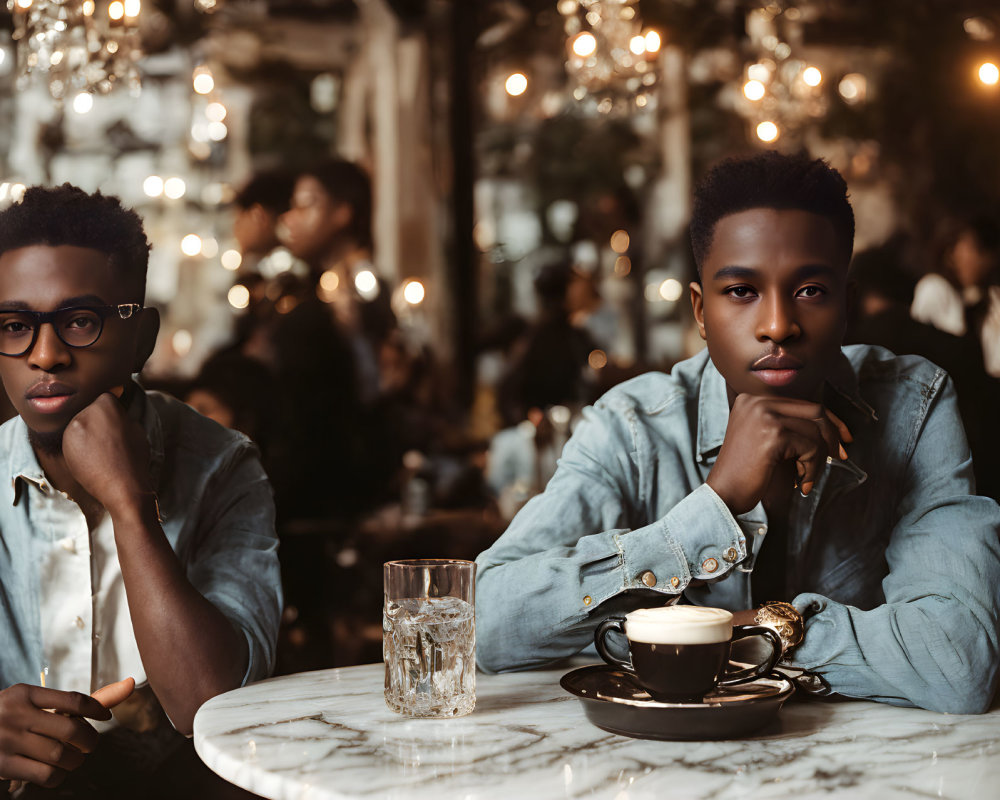 People at cafe table with coffee in cozy setting and blurred lights.