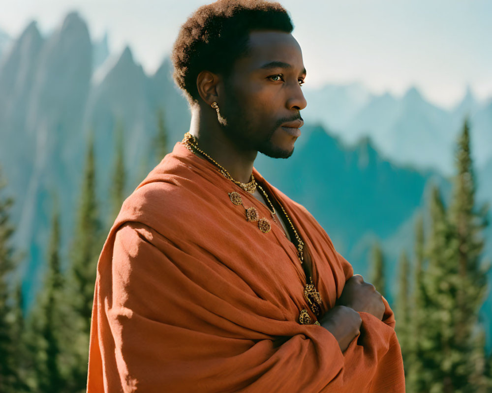 Contemplative man in orange robe with gold jewelry against mountain backdrop