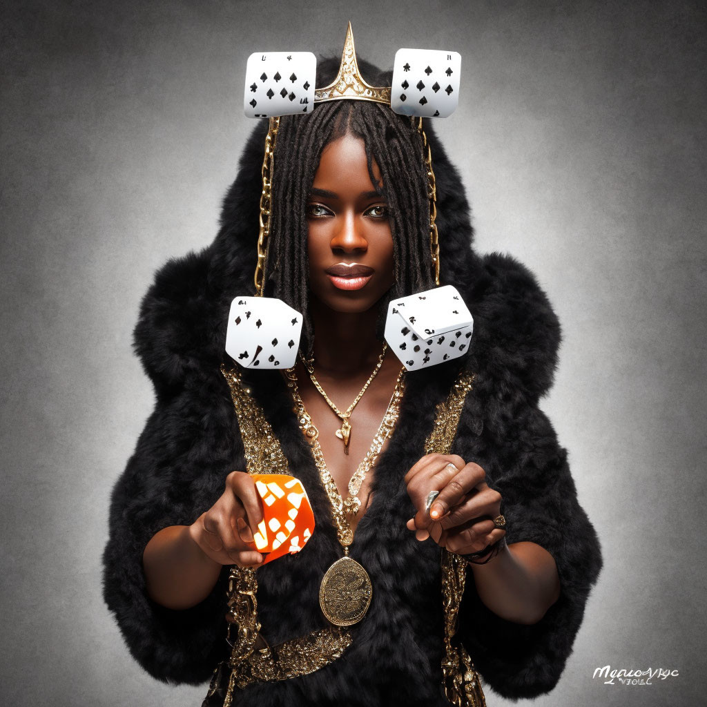 Woman in Crown with Dice, Fur Cloak, Braids, Holding Giant Playing Card