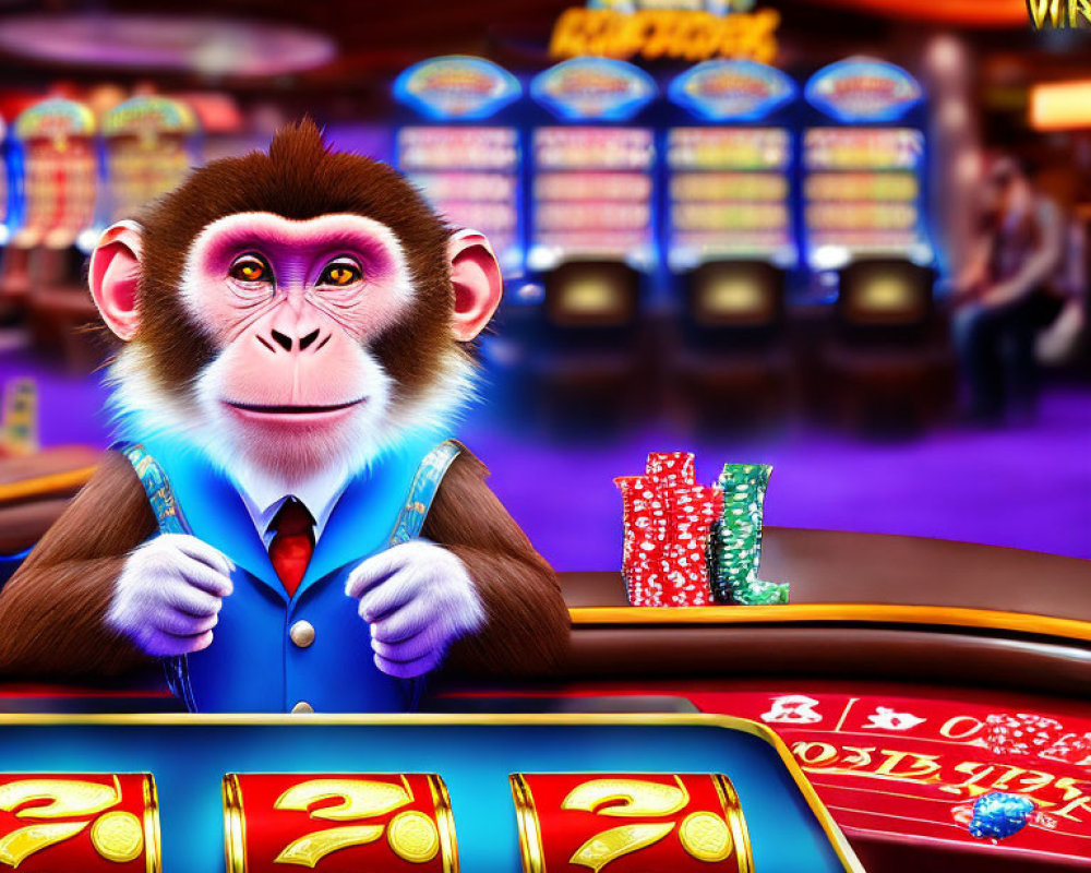 Colorful Monkey in Suit at Casino Slot Machine with Vibrant Background