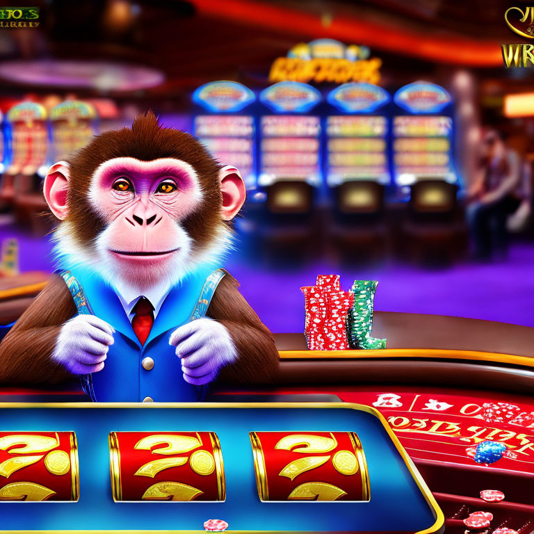 Colorful Monkey in Suit at Casino Slot Machine with Vibrant Background