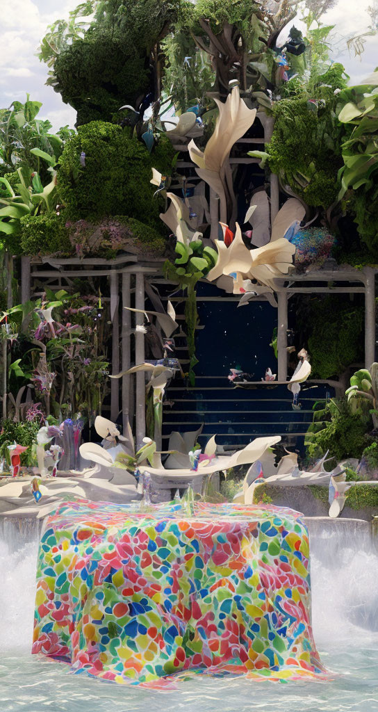 Vibrant surreal garden scene with flowing water and birds flying.