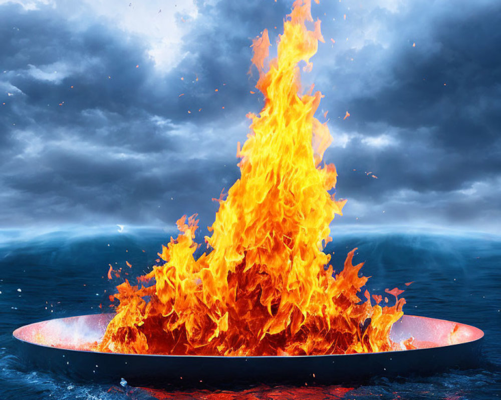 Burning matchstick against turbulent ocean backdrop