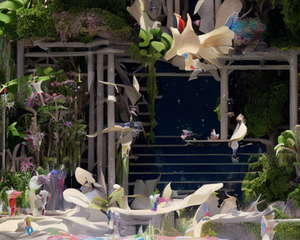 Vibrant surreal garden scene with flowing water and birds flying.