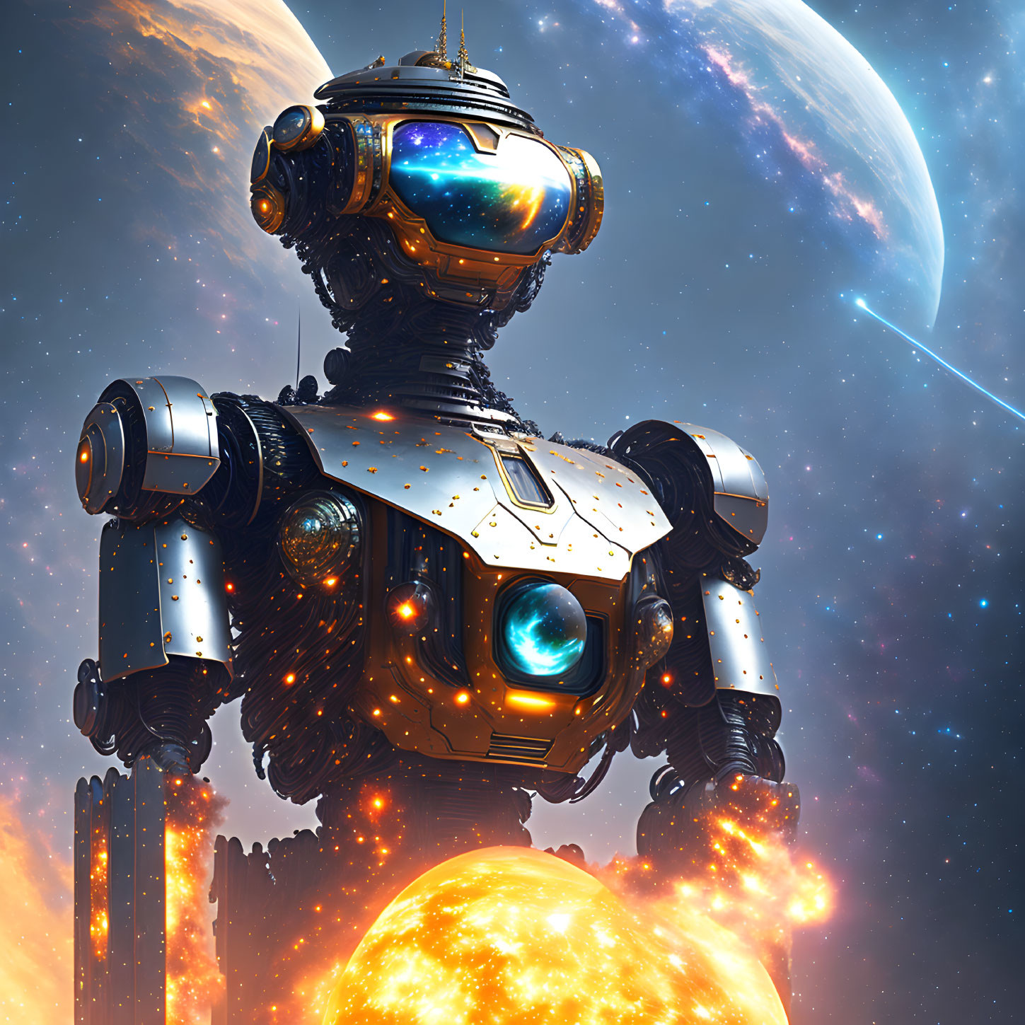 Advanced robot over glowing planet with starry sky & celestial body - Detailed Illustration