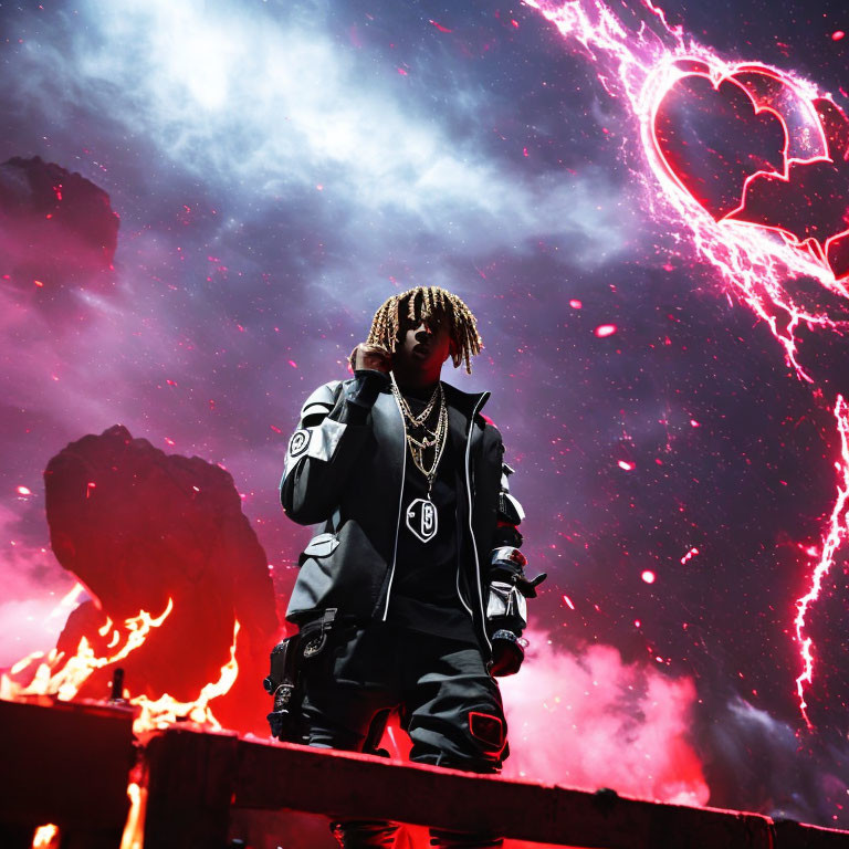 Person with braided hair in black outfit on stage with red pyrotechnics and heart shape background