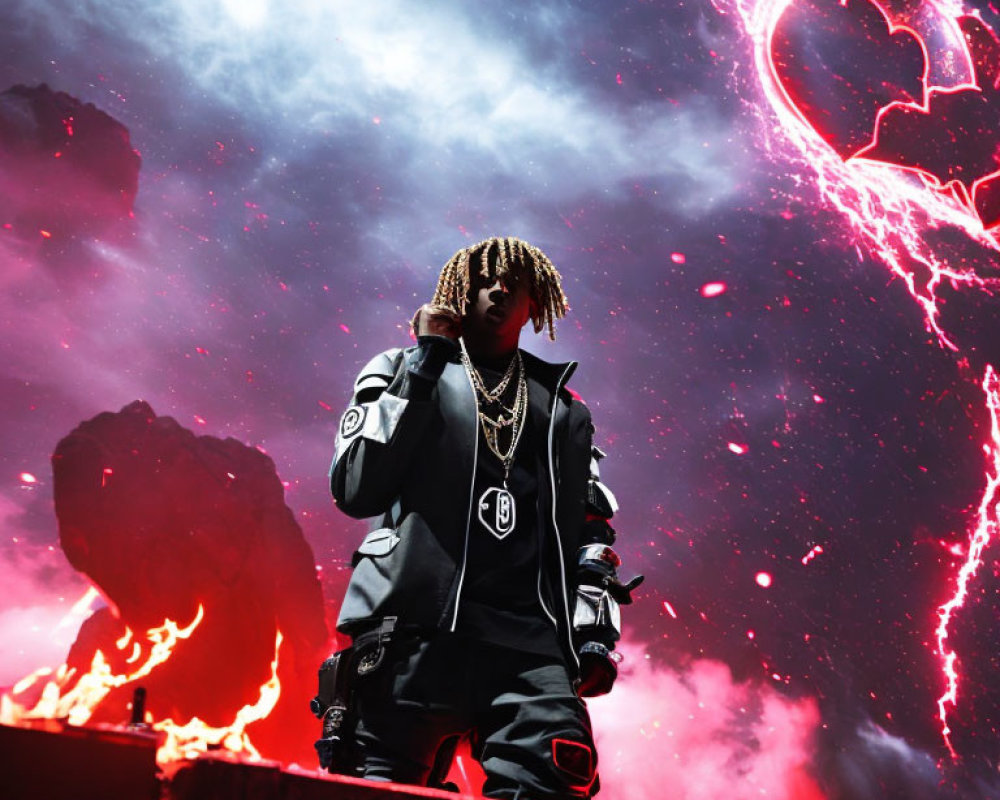 Person with braided hair in black outfit on stage with red pyrotechnics and heart shape background