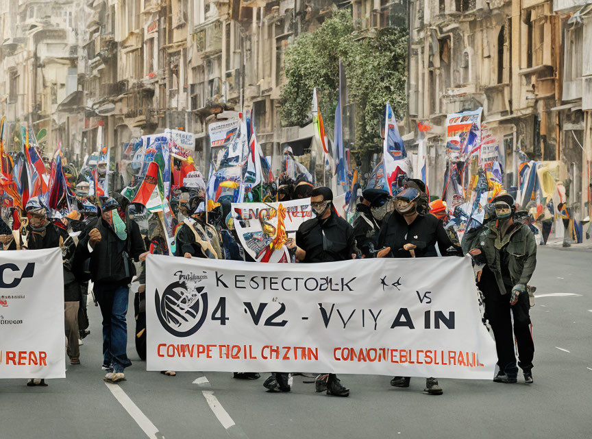 Protesters with Banner and Flags in City March Scene